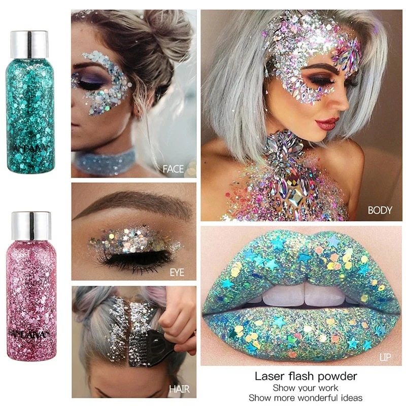 Mermaid Glitter Eyeshadow Gel Makeup Glitter Waterproof Eye Liquid Pigments for Face/Highlighter/Body/Hair Beauty Glazed