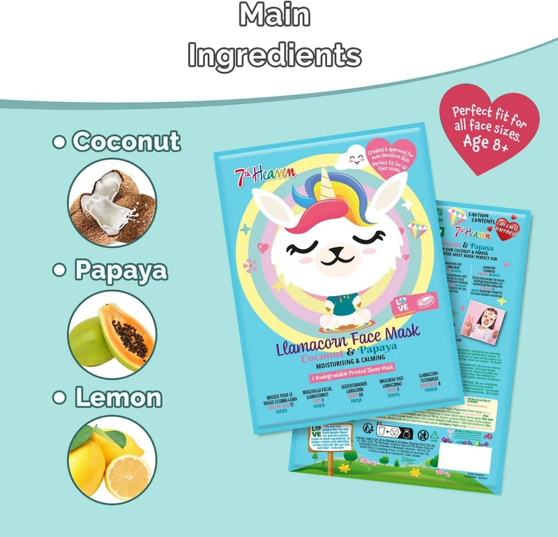 7th Heaven Llamacorn Sheet Face Masks – Skincare Set for Kids Aged 8+ – Fanciful Llama and Unicorn Mix Face Mask Sheet with Coconut & Papaya – Sheet Masks to Calm, Hydrate & Moisturise Skin