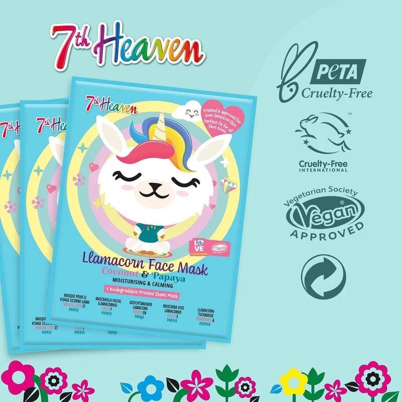 7th Heaven Llamacorn Sheet Face Masks – Skincare Set for Kids Aged 8+ – Fanciful Llama and Unicorn Mix Face Mask Sheet with Coconut & Papaya – Sheet Masks to Calm, Hydrate & Moisturise Skin