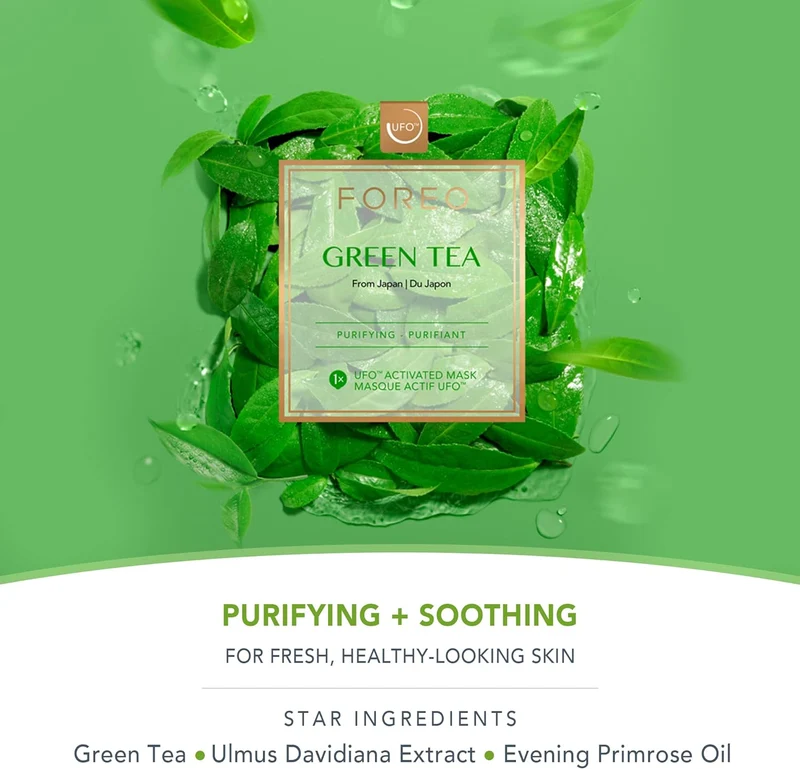 FOREO Green Tea UFO Activated Facial Mask for Blemish-Prone Oily Skin, 6 pack, Purifying, Antioxidant, Moisturizing, Green Tea & Ulmus Extract, Cruelty-Free, Clean Formula, Compatible with UFO 2 & UFO