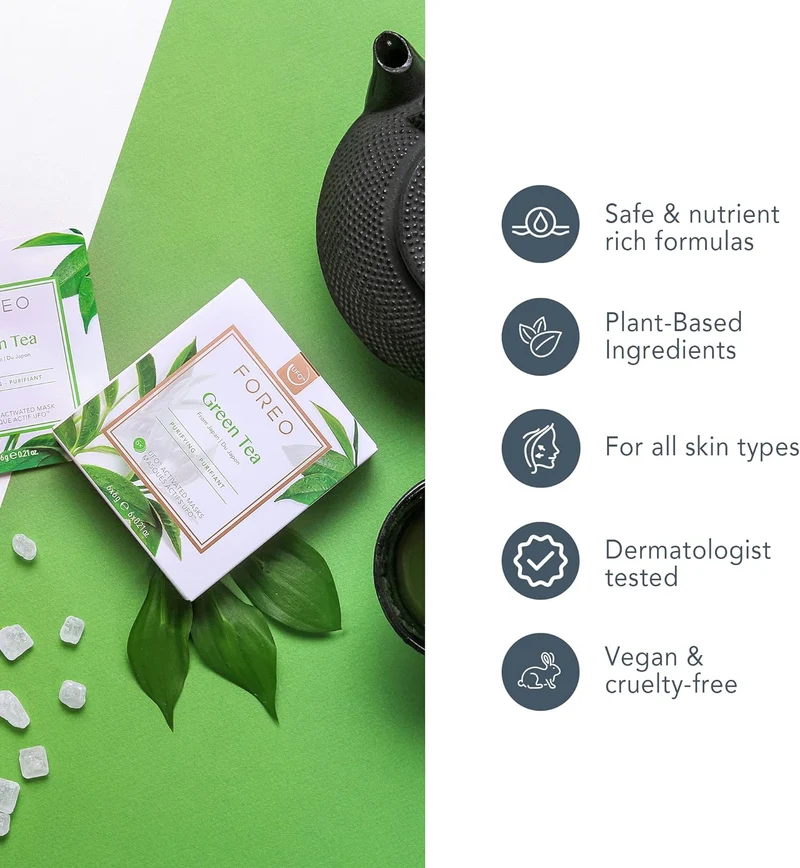 FOREO Green Tea UFO Activated Facial Mask for Blemish-Prone Oily Skin, 6 pack, Purifying, Antioxidant, Moisturizing, Green Tea & Ulmus Extract, Cruelty-Free, Clean Formula, Compatible with UFO 2 & UFO