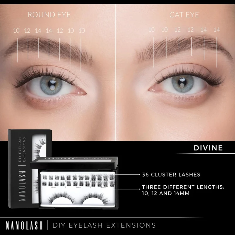 Nanolash DIY Eyelash Extensions Starter Kit - cluster lashes with bonder, sealer, remover, apllicator, home lash extensions kit (DIVINE)