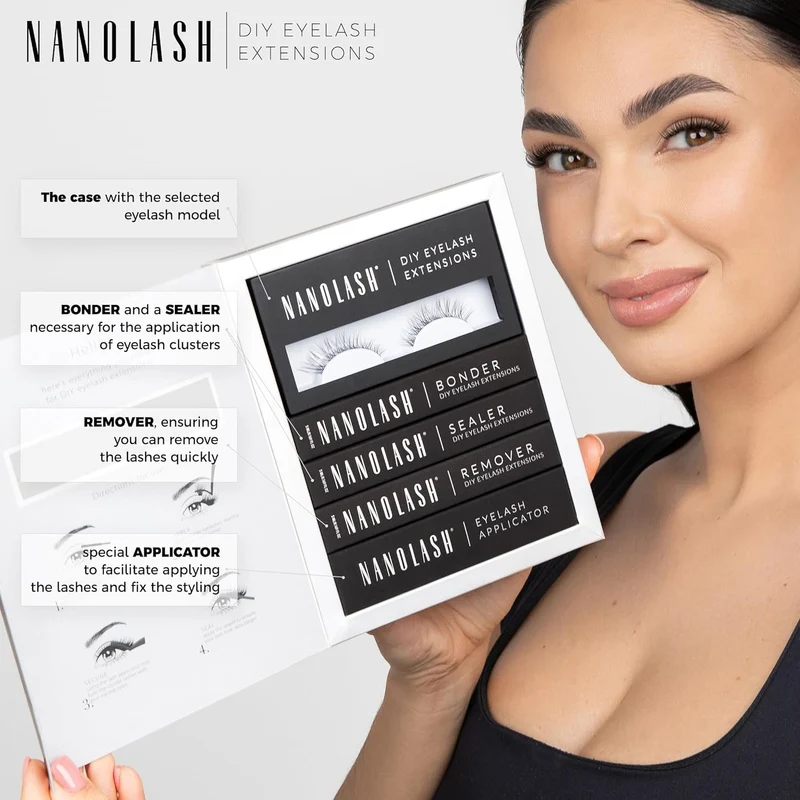 Nanolash DIY Eyelash Extensions Starter Kit - cluster lashes with bonder, sealer, remover, apllicator, home lash extensions kit (DIVINE)