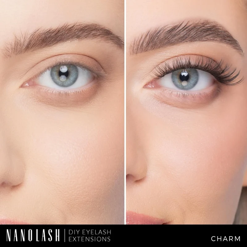 Nanolash DIY Eyelash Extensions Starter Kit - cluster lashes with bonder, sealer, remover, apllicator, home lash extensions kit (CHARM)