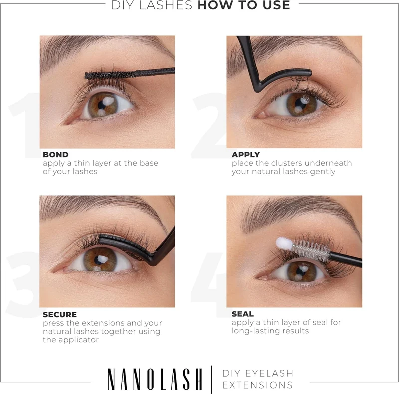 Nanolash DIY Eyelash Extensions Starter Kit - cluster lashes with bonder, sealer, remover, apllicator, home lash extensions kit (CLASSY)