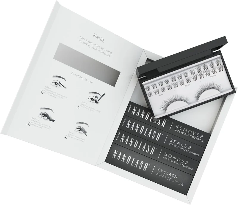 Nanolash DIY Eyelash Extensions Starter Kit - cluster lashes with bonder, sealer, remover, apllicator, home lash extensions kit (INNOCENT)