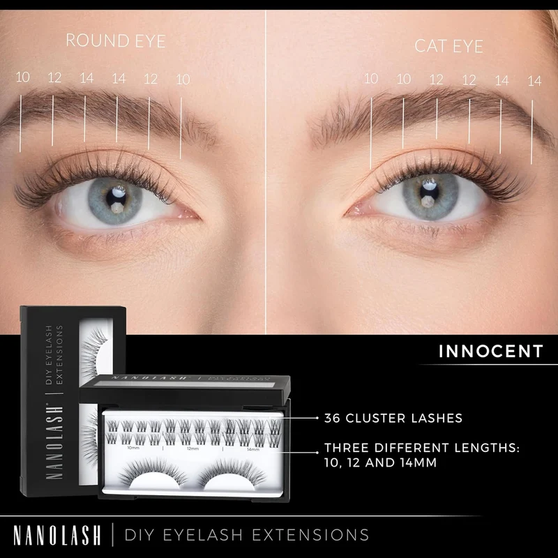 Nanolash DIY Eyelash Extensions Starter Kit - cluster lashes with bonder, sealer, remover, apllicator, home lash extensions kit (INNOCENT)